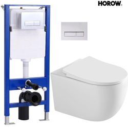 Horow - Spülrandlos Hänge wc Wand Toilette Komplettset bis 400kg - mit Softclose WC-Sitz + Vorwandelement mit Drückerplatte