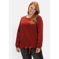 Sweatshirt SHEEGO "Große Größen", Damen, Gr. 44/46, rot (rostrot meliert), Obermaterial: 100% Polyester, unifarben, casual, figurumspielend normal, Rundhals, Sweatshirts, aus Strickfleece, mit Saum-Tunnelzug