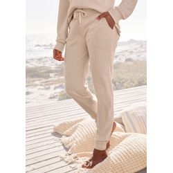 Relaxhose S.OLIVER, Damen, Gr. 44/46, N-Gr, beige (creme), Rippware, Obermaterial: 100% Baumwolle, unifarben, Basic, bequem lang, Hosen, Sweathose aus Ripp-Qualität mit Einrifftaschen, Loungewear