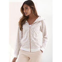 Kapuzensweatjacke LASCANA Gr. 32/34, braun (beige, nougat) Damen Sweatjacken Sweatshirtjacke mit Details in Roségold, Loungewear