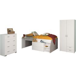 Jugendzimmer-Set PARISOT "Parisot, Milky 12", grau (weiß, grau), ohne Matratze, B/H: 90cm x 200cm, Schlafzimmermöbel-Sets, tolles halbhohes Hochbett, Kleiderschrank mit Mittelwand und Stauraum