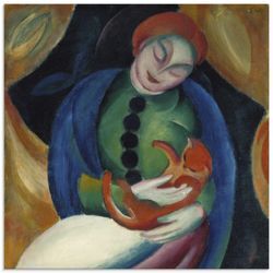 Glasbild ARTLAND "Mädchen mit Katze II. 1912" Bilder Gr. B/H: 50cm x 50cm, Glasbild Frau quadratisch,, bunt in verschiedenen Größen