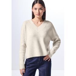 Strickpullover STREET ONE Gr. 34, beige (oak melange), Damen, 37% Baumwolle, 34% Polyacryl, 26% Polyester, 3% Elasthan, Pullover mit V-Ausschnitt