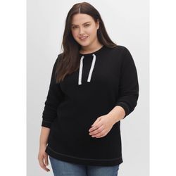 Sweatshirt SHEEGO "Große Größen" Gr. 44/46, schwarz, Damen, Obermaterial: 100% Baumwolle, unifarben, Sweatshirts, aus Waffelpiqué, Tunnelzug am Ausschnitt