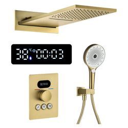 Duschsystem mit Thermostat, Unterputz Duscharmatur Set led Digitalanzeige Regendusche Unterputz Gebürstetes Gold Duschset Duschsäuleset Wandmontiert