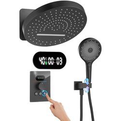 Duschsystem mit Thermostat Unterputz Wasserfall Regendusche 32cm Kopfbrause 3 Funktionen Handbrause Schwarz - Oihpaw