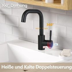 Gbly - Wasserhahn Bad Waschtischarmatur Waschbecken Schwarz Matt - Armatur 360°Drehbar Kalt- Warmwasserhahn Hochdruck Mischbatterie Badarmatur