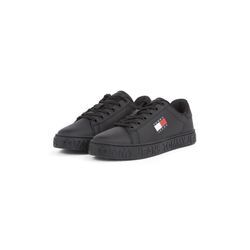 Plateausneaker TOMMY JEANS "TJW LOGO OUTSOLE SNEAKER ESS", Damen, Gr. 35, schwarz, Leder, Lederimitat, sportlich, Schuhe, Freizeitschuh, Halbschuh, Schnürschuh mit seitlicher Logoflagge