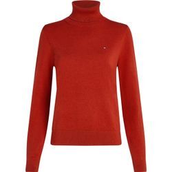 Strickpullover TOMMY HILFIGER "CO JERSEY STITCH ROLL-NK SWT" Gr. XXL (44), rot (schwarz magma) Damen Pullover mit Rollkragen