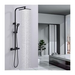 Duschsystem mit Thermostat 38℃ Duscharmatur Schwarz Regendusche Duschset Dusche inkl. Regal verstellbarer Edelstahl Duschstange Duschset