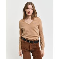 V-Ausschnitt-Pullover GANT "EXTRAFINE LAMBSWOOL V-NECK" Gr. L, beige (caramel beige) Damen Pullover