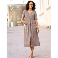 A-Linien-Kleid INSPIRATIONEN "Kleid", Damen, Gr. 36, Normalgrößen, grau (taupe), Web, 55% Leinen, 45% Viskose, unifarben, wadenlang, V-Ausschnitt, Kurzarm, Kleider