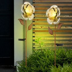 2x led Solar Steck Lampen Blüten Garten Deko Erdspieß Hof Leuchten silber rost