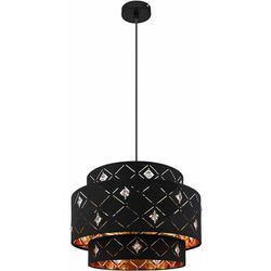 Pendellampe Esszimmerlampe Retro Hängeleuchte Orientalisch Deckenlampe schwarz mit Kristallen, Metall Textilschirm, 1x E27 Fassung, DxH 40x140 cm