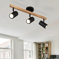 Etc-shop - Deckenleuchte Wohnzimmerleuchte Esszimmerlampe Deckenstrahler, Holz Metall schwarz, 3 Flammig, GU10, l 54 cm