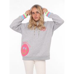 Hoodie ZWILLINGSHERZ "Always Happy" Gr. L/XL, grau, Damen, Obermaterial: 50% Baumwolle, 50% Polyester, unifarben, Sweatshirts, mit Smiley Aufdruck aus Frottee und Neon Details