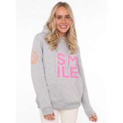 Kapuzensweatshirt ZWILLINGSHERZ Gr. L/XL, grau (hellgrau), Damen, Obermaterial: 50% Baumwolle, 50% Polyester, meliert, Sweatshirts, mit "Smile"-Aufdruck in Neonfarben und gesticktem Smiley