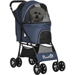 Pawhut - Hundewagen, faltbarer Hundebuggy, Hundetrolley mit Kissen, Katzenbuggy, Katzenwagen mit 4 Rädern, Netzfenster, Stauraum für kleine Hunde,