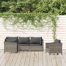 5-tlg. Garten-Lounge-Set mit Kissen Grau Poly Rattan