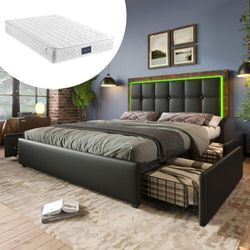 Bettgestell mit LED-Lichtleiste und 4 Schubladen, Doppelbett, Polsterbett 160x200cm, höhenverstellbares Kopfteil, Funktionsbett, schwarzes pu (mit