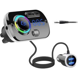 Bluetooth-FM-Transmitter für Autoradio, Bluetooth 5.0-Adapter für Autoradio-Empfänger mit 7-Farben-Zigarettenanzünder-Ladegerät, QC3.0/2.4A, Siri