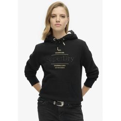 Kapuzensweatshirt SUPERDRY "Luxe Metallic Logo Hoodie", Damen, Gr. M, schwarz, Sweatware, Obermaterial: 75% Baumwolle, 25% Polyester, bedruckt, casual, relaxed fit, Rundhals, Langarm, Sweatshirts