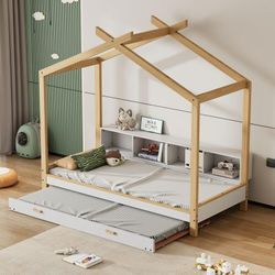 Redom - Hochbett, Kinderbett mit vier Fachböden, mit Ausziehbett, Einzelbett, Holzbett, Kiefernstruktur, mdf, weiß + natur, 90x200cm & 90x190cm