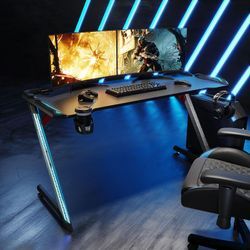 Gaming Tisch led 140x60x75cm mit Getränkehalter & Kopfhörerhalter Computertisch schwarz ohne Mauspad - Sonni