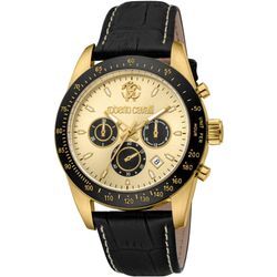 Chronograph ROBERTO CAVALLI "Uomo Chrono", schwarz (schwarz, champagnerfarben), Armbanduhren, Herren, Quarzuhr, Armbanduhr, Herrenuhr, Lederarmband, analog, Tag