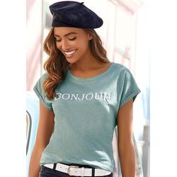 VIVANCE T-Shirt 'mit Frontdruck "Bonjour"' grün Gr. 32/34 für Damen. Rundhals und Print. Nachhaltig.