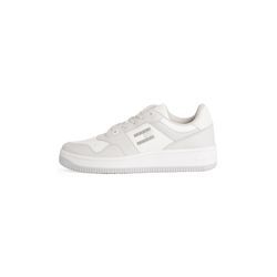 Plateausneaker TOMMY JEANS "TJM RETRO BASKET CUPSOLE TUMBLE", Herren, Gr. 43, grau (grau, weiß), Leder, Lederimitat, Textil, kontrastfarbene Details, sportlich, Schuhe, Freizeitschuh, Halbschuh, Schnürschuh mit gepolstertem Schaftrand