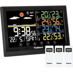 Todeco - Wetterstation Funk mit 3 Außensensor - Groß Farbdisplay, Innen Aussen Digital Thermometer,Hydrometer Feuchtigkeit, Wettervorhersage,