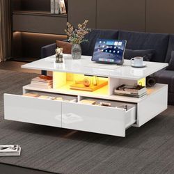 Okwish - Moderner glänzender Couchtisch mit LED-Beleuchtung und 2 Schubladen – stilvoller Beistelltisch 90x55x41 cm mit Stauraum, belastbar bis 30 kg