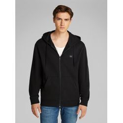 Sweatjacke CALVIN KLEIN JEANS "WOVEN LABEL ZIP THROUGH HOODIE" Gr. M, schwarz (ck schwarz), Herren, Obermaterial: 100% Baumwolle, unifarben, Sweatjacken, mit Logopatch