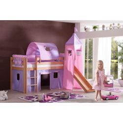 Halbhohes Spielbett ALEX mit Rutsche/Turm/Tunnel Buche massiv natur lackiert mit Stoffset purple/ros