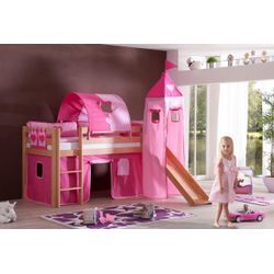 Halbhohes Spielbett ALEX mit Rutsche/Turm/Tunnel Buche massiv natur lackiert mit Stoffset pink/herz