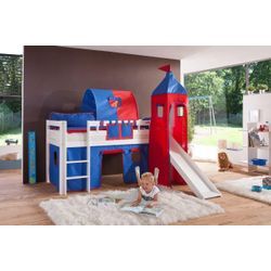 Halbhohes Spielbett ALEX mit Rutsche/Turm/Tunnel Buche massiv weiß lackiert mit Stoffset blau/rot