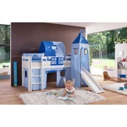 Halbhohes Spielbett ALEX mit Rutsche/Turm/Tunnel Buche massiv weiß lackiert mit Stoffset blau/delfin