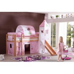 Halbhohes Spielbett ALEX mit Rutsche/Turm/Tunnel Buche massiv natur lackiert mit Stoffset Princess