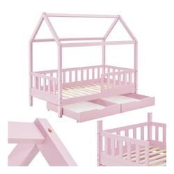 Juskys Kinderbett Marli 90 x 200 cm mit Bettkasten, Gitter, Lattenrost & Dach - Holz Hausbett Rosa