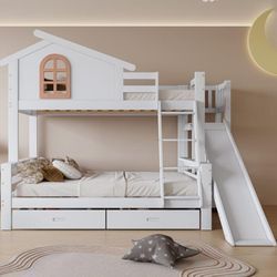 Okwish - 30687789WAA) Etagenbett mit Fensterfunktion und vierstufiger Kipptreppe, Kinder- und Mutterbett mit Rutsche, mit zwei Schubladen,