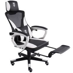 Gaming Stuhl im modernen Racing-Design mit einklappbarer Fußstütze - Gaming Chair mit flexiblen Armlehnen - ergonomischer Gaming Schreibtischstuhl mit extra Stützkissen