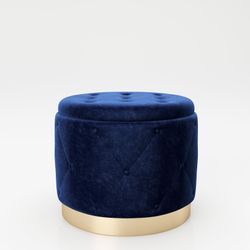 PLAYBOY - Pouf "LIZ" gepolsterter Sitzhocker mit Stauraum, Samtstoff in Blau und Chesterfield-Optik, Metallfuss in Goldoptik, Retro-Design