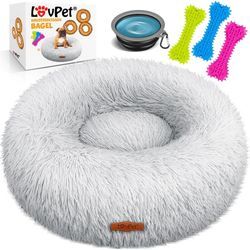 Lovpet - Hundebett Hundekissen Katzenbett Bagel Waschbar Inkl. Napf + 3x Kauknochen Hundesofa flauschig Kissen Rund aus Plüsch für Kleine Hellgrau /