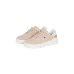 Plateausneaker TOMMY HILFIGER "ESSENT BASKET SNEAKER METALLIC" Gr. 36, rosa (rose kombiniert), Damen, Leder, Textil, Lederimitat, Schuhe, Freizeitschuh, Halbschuh, Schnürschuh mit seitlicher Logoflagge