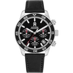 Chronograph TOMMY HILFIGER "TH85 CHRONOGRAPH", schwarz, Armbanduhren, Herren, Quarzuhr, Armbanduhr, Herrenuhr, Lederarmband, analog, Tag