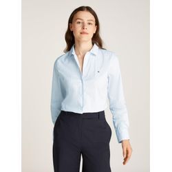 Hemdbluse TOMMY HILFIGER "ESS POPLIN REGULAR SHIRT", Damen, Gr. 36, classic ithaka stp breezy blau, Popeline, Obermaterial: 69% Baumwolle, 27% Polyamid, 4% Elasthan, gestreift, klassisch, regular fit hüftlang, Langarm Ärmel mit Ärmelschlitz 1-Knopf-Manschette, Blusen, im klassischen Stil