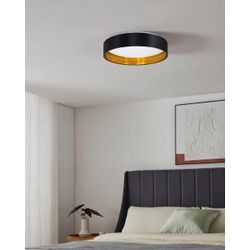 LED Deckenleuchte LEONIQUE "Juria", schwarz (schwarz, gold), Lampen, Ø 38cm H: 9,00cm Deckenlampe Ø38 x H9 cm mit Textil-Stoffschirm, CCT, Fernbedienung