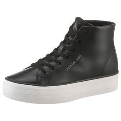 Plateausneaker CALVIN KLEIN JEANS "BOLD VULC FLATF MID LTH IN" Gr. 35, schwarz-weiß (schwarz, weiß), Damen, Leder, unifarben, Schuhe, High Top Sneaker, Schnürboots mit CK Logo an der Ferse