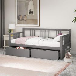 Schlafsofa 90200, Einzelbett mit zwei Staufächern, Massivholzstruktur, Massivholzbett, Jugendbett, Kinderbett, Tagesbett, grau